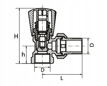Zawór grzejnikowy kątowy 1/2 z dławikiem, przekrój z wymiarami H 65 mm, D 1/2 cala, h 23 mm, L 52 mm