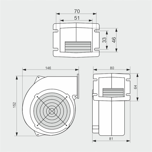 Rysunek techniczny wentylatora dmuchawy z wymiarami