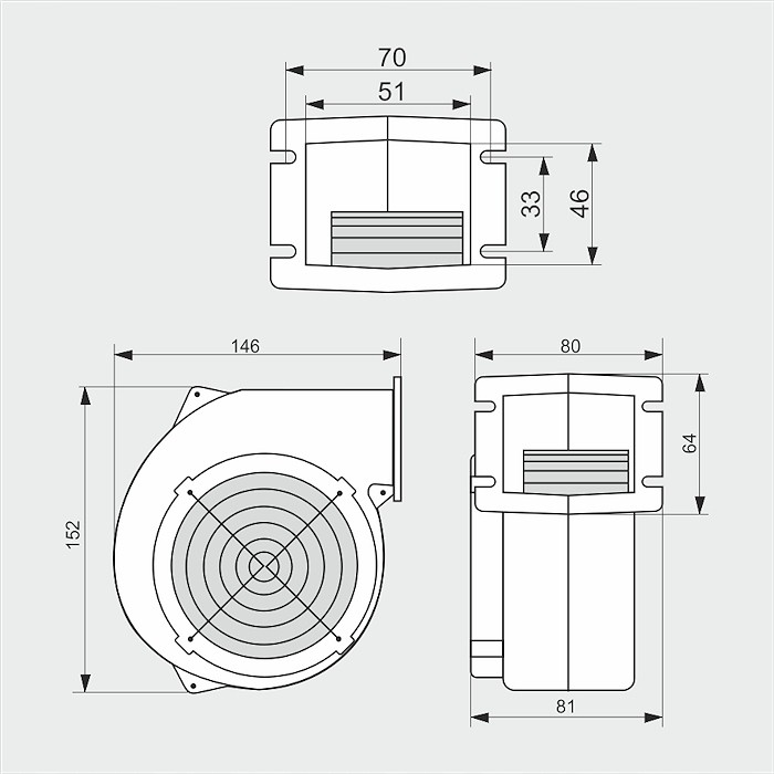 Rysunek techniczny wentylatora dmuchawy z wymiarami