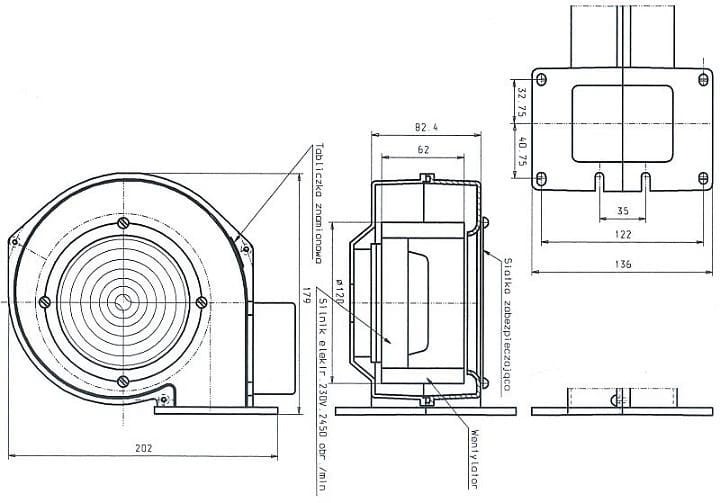Wentylator promieniowy WPA 117 K rysunek techniczny z wymiarami i widokiem z trzech stron