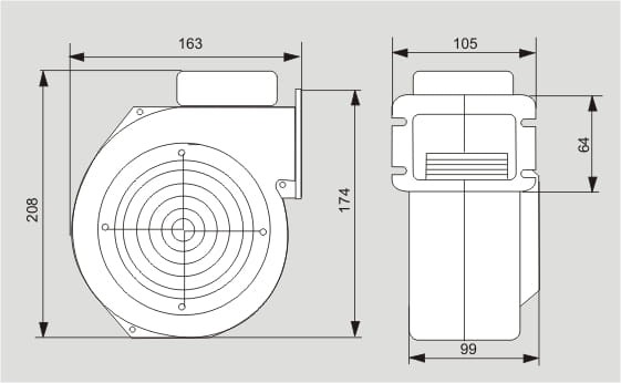 Schemat wymiary wentylatora WPA 07 P z aluminiową obudową i siatką ochronną, przysłoną wymiary:208x163x105 mm