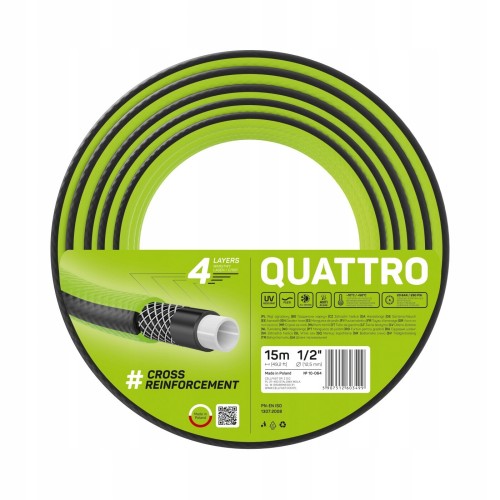 Wąż ogrodowy QUATTRO zwinięty na szpuli z etykietą