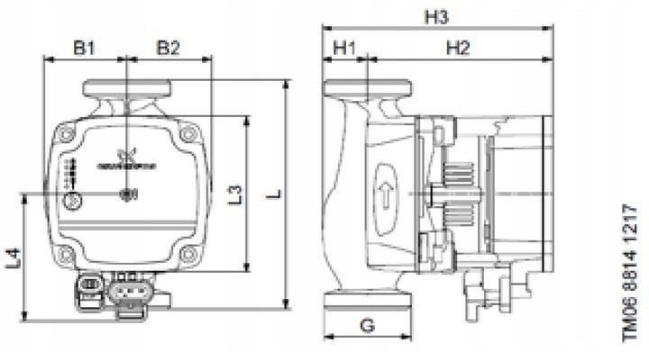 Wymiary pompy ALPHA1L 25-60 180 Grundfos z oznaczeniami B1, B2, L1, L3, L4, H1, H2, H3 i G