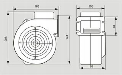Wentylator promieniowy WPA X6 K wymiary 208x163x105 mm z aluminiową obudową i kołnierzem montażowym