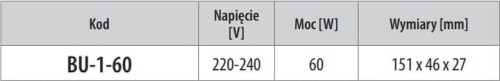 Tabela z danymi BU-1-60: napięcie 220–240 V, moc 60 W, wymiary 151 x 46 x 27 mm
