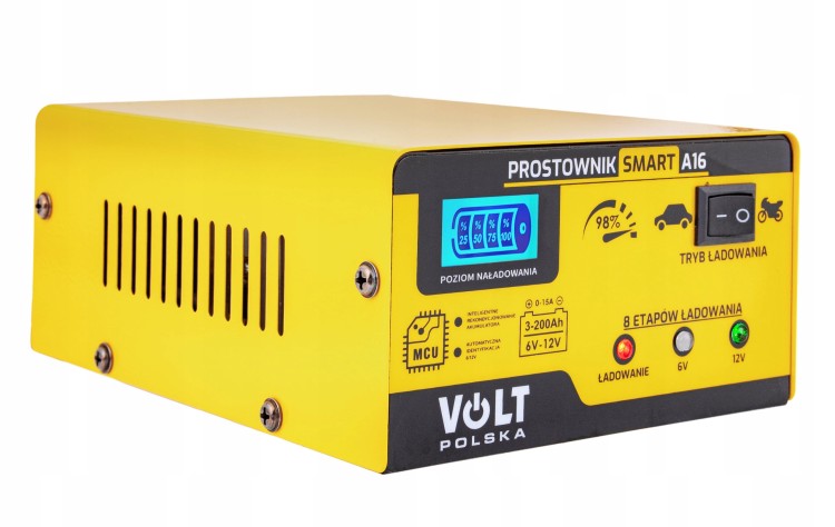 Żółty prostownik VOLT Smart A16 z widocznym panelem i otworami wentylacyjnymi
