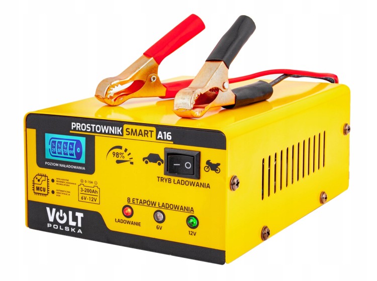 Żółty prostownik VOLT Smart A16 z górnym widokiem