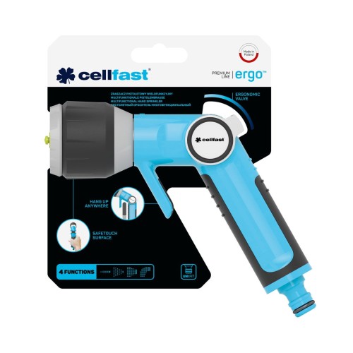 Niebieski zraszacz pistoletowy Cellfast ERGO z ergonomiczną rączką i czterema funkcjami strumienia przedstawiony na kartoniku.