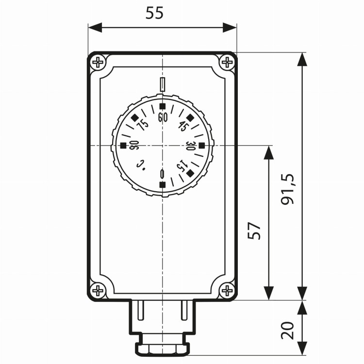Rysunek techniczny termostatu z pokrętłem i wymiarami