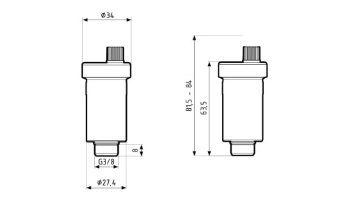 Rysunek techniczny odpowietrznika 3/8 z wymiarami