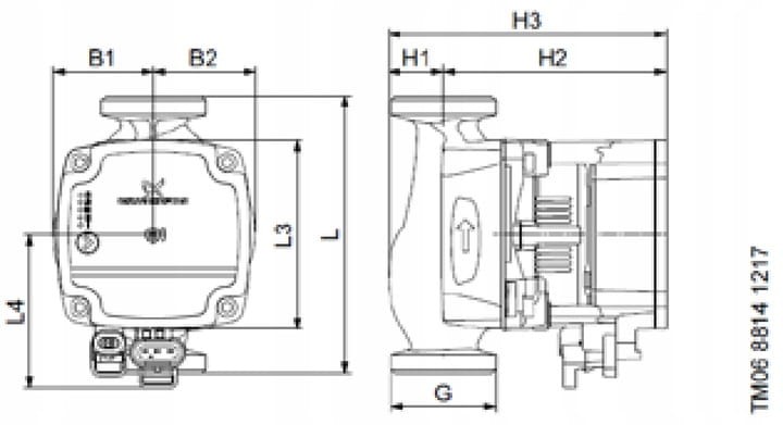 Rysunek techniczny pompy Grundfos ALPHA1 L z wymiarami