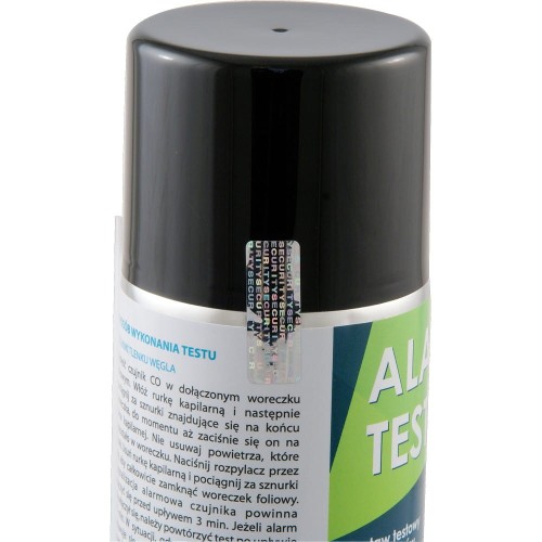 Puszka testowa ALARM TEST CO z etykietą i czarną nasadką