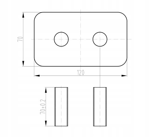 Rysunek techniczny chromowanej osłony 120 x 70 mm z dwoma otworami