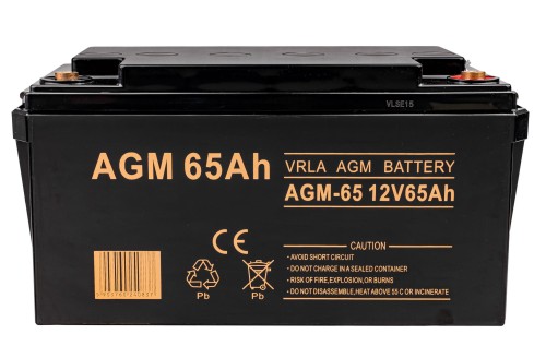 Czarny akumulator AGM 65Ah z pomarańczowym oznaczeniem