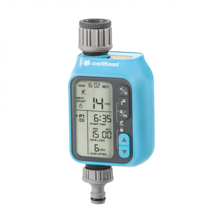 Elektroniczny sterownik nawadniania Cellfast Chronos z czytelnym wyświetlaczem i przyciskami do programowania