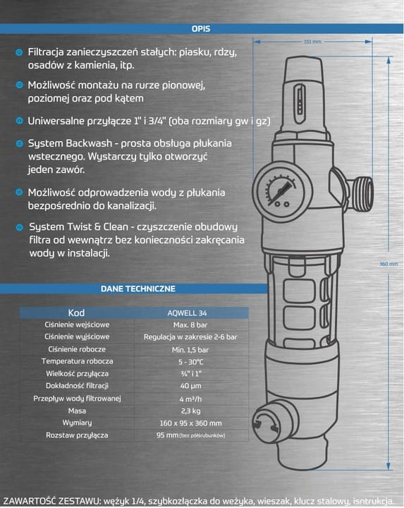 Filtr do wody AQWELL 3/4 z reduktorem ciśnienia, manometrem, przezroczystą obudową i systemem płukania wstecznego