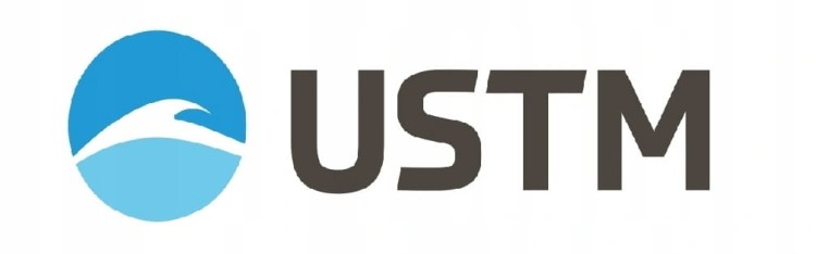 Logo USTM z niebieskim kołem i białym symbolem fali po lewej stronie