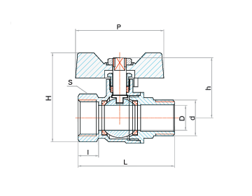 Przekrój zaworu kulowego 3/4 cala z motylkiem, dławikiem i podwójnym uszczelnieniem trzpienia