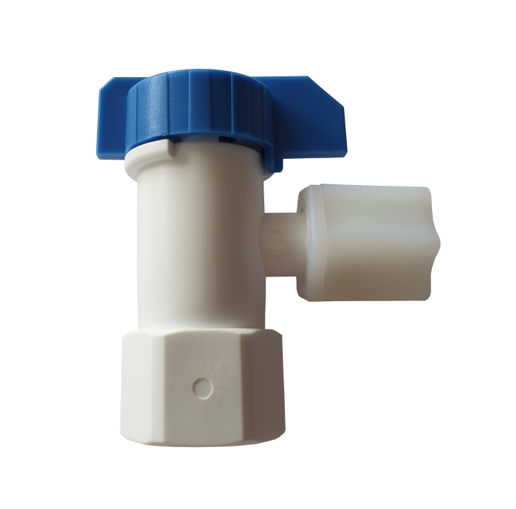 Zawór 1/4 GW x 1/4 wężyk do osmozy JACO z niebieskim pokrętłem i białym korpusem