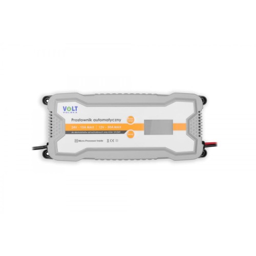 Prostownik automatyczny Volt 12V 24V 30A z wyświetlaczem LCD, szara obudowa, pomarańczowe akcenty