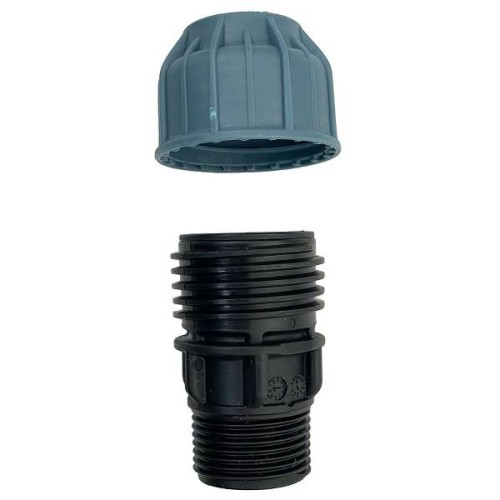 Czarna złączka PE z gwintem zewnętrznym i odkręconym szarym pierścieniem