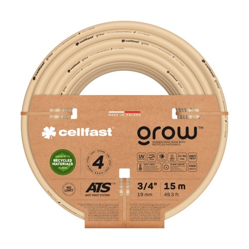 Zwój beżowego węża ogrodowego Cellfast Grow w kartonowym opakowaniu