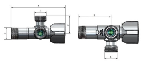 Rysunek techniczny chromowanego zaworu z wymiarami