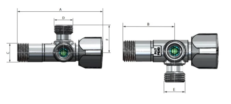 Rysunek techniczny chromowanego zaworu z wymiarami