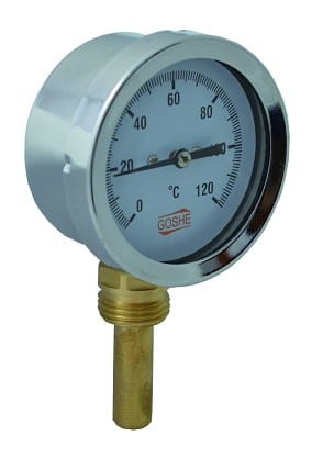 Bimetaliczny termometr 1/2 cala z dolnym gwintem i zakresem 0-120°C, obudowa stalowa i aluminiowa