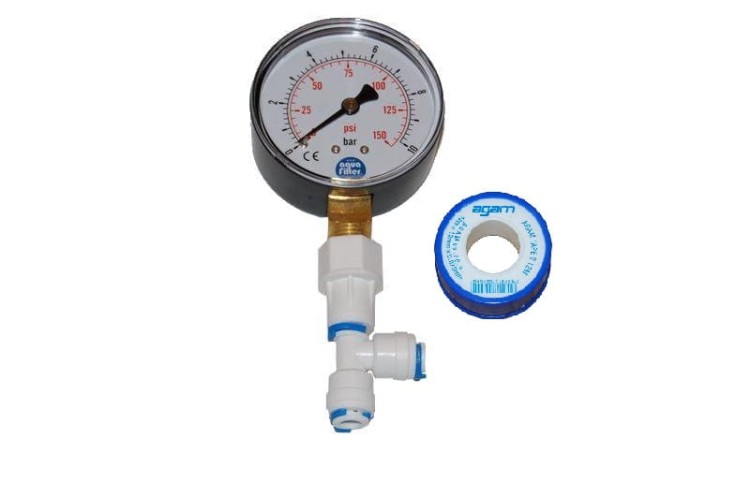 Manometr Aquafilter 1/4 cala z tarczą ciśnieniową i taśmą teflonową do instalacji w systemach osmotycznych
