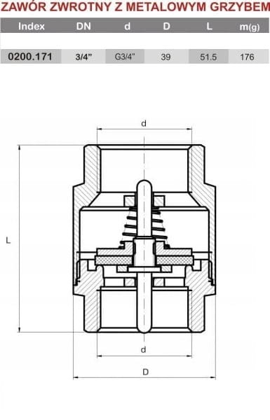 Przekrój zaworu zwrotnego z metalowym grzybem, gwint G3/4 cala, wymiary 39x51.5 mm