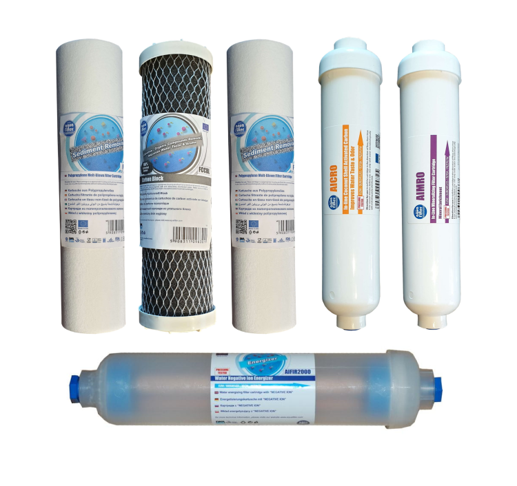 Zestaw 6 wkładów do filtra osmozy Aquafilter RO 7, 8 z piankowymi, węglowymi, mineralizatorem i wkładem AIFIR 2000