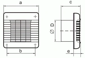 Schemat wentylatora łazienkowego VENTS 100 MATH z wymiarami a 166 mm, b 150 mm, c 90 mm, e 30 mm, D 100 mm