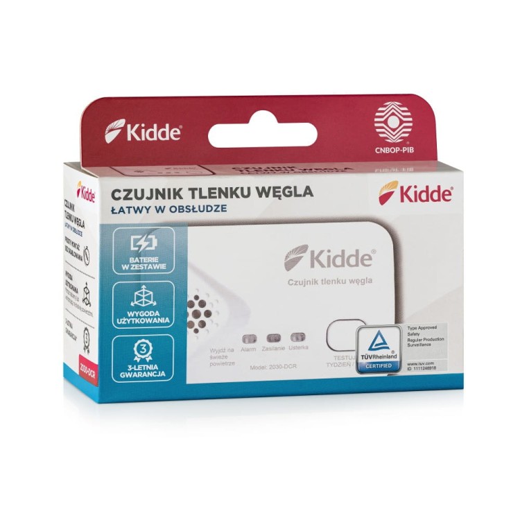 Opakowanie czujnika czadu Kidde z widokiem przodu urządzenia