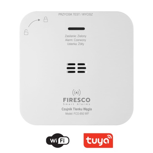 Czujnik tlenku węgla FIRESCO z logo Wi‑Fi i Tuya