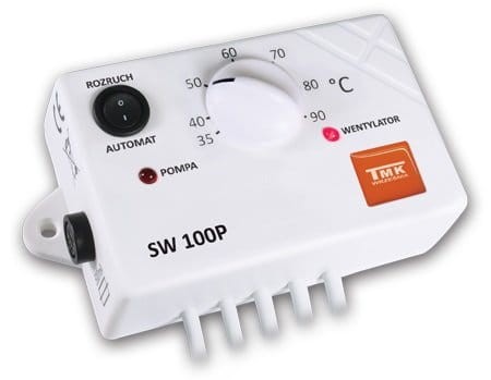 Sterownik SW 100P TMK do kotła CO z pokrętłem temperatury, przełącznikiem i kontrolkami pompy oraz wentylatora