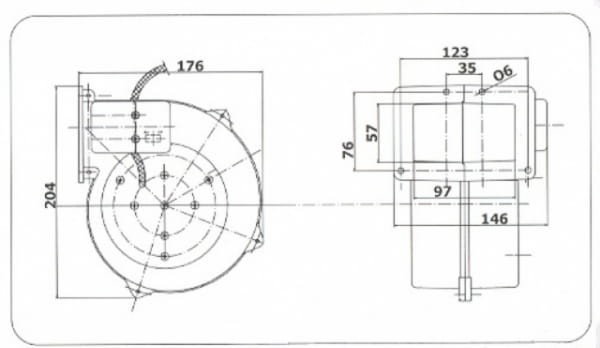 Schemat techniczny wentylatora RV 06 z wymiarami obudowy i silnika