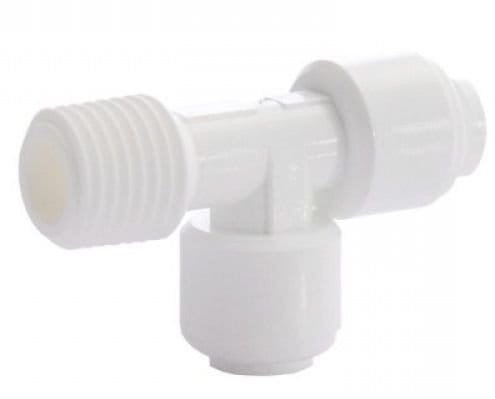 Biały trójnik 1/4" z gwintem zewnętrznym i dwoma złączkami do wężyka PE