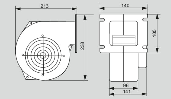 Schemat Wentylatora WPA 145 KP z aluminiową obudową i siatką ochronną, wymiary 213x238x140 mm, kołnierz montażowy