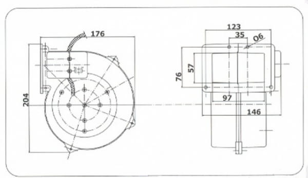 Schemat techniczny wentylatora RV 06 z wymiarami obudowy i silnika