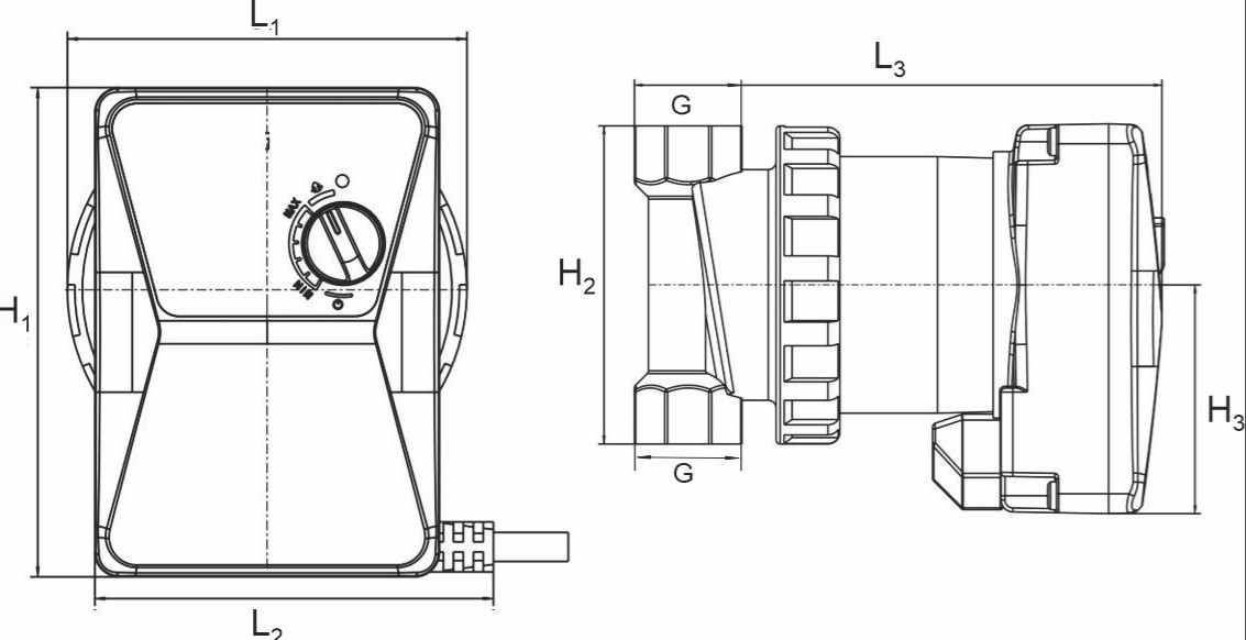 Rysunek techniczny pompy elektronicznej XVAVE 15-1.5 z wymiarami L1, L2, L3, H1, H2, H3 i oznaczeniem przyłączy G 1/2 cala