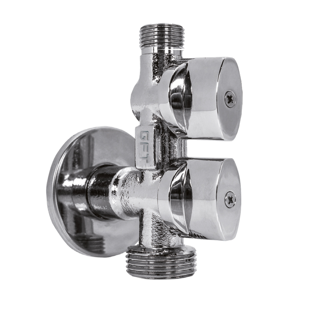 Zawór kątowy kombinowany 1/2''x3/4''x3/8'' Hyper Combi GFT z metalowymi pokrętłami i chromowanym wykończeniem