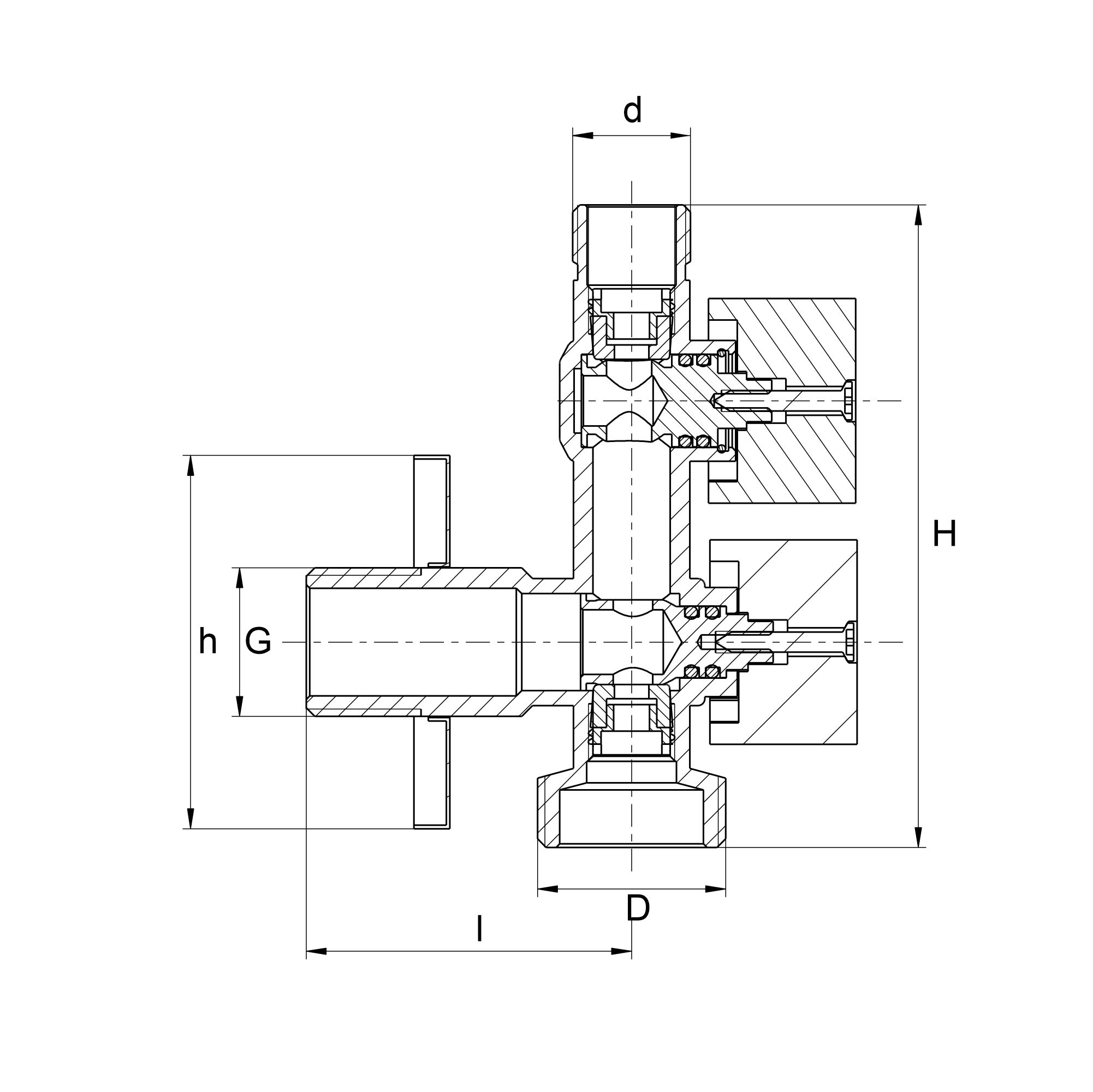 Przekrój zaworu kątowego kombinowanego 1/2''x3/4''x3/8'' z wymiarami technicznymi i detalami konstrukcji