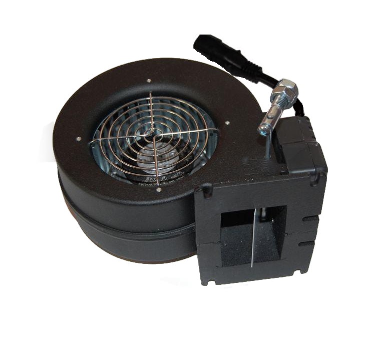 Wentylator promieniowy WPA 117 K z aluminiową obudową, siatką ochronną i czarnym wtykiem do kotła CO