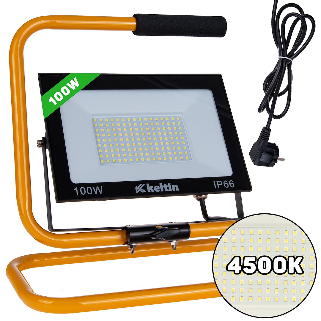 Naświetlacz LED 100W na żółtym regulowanym statywie z kablem i wtyczką, barwa neutralna 4500K