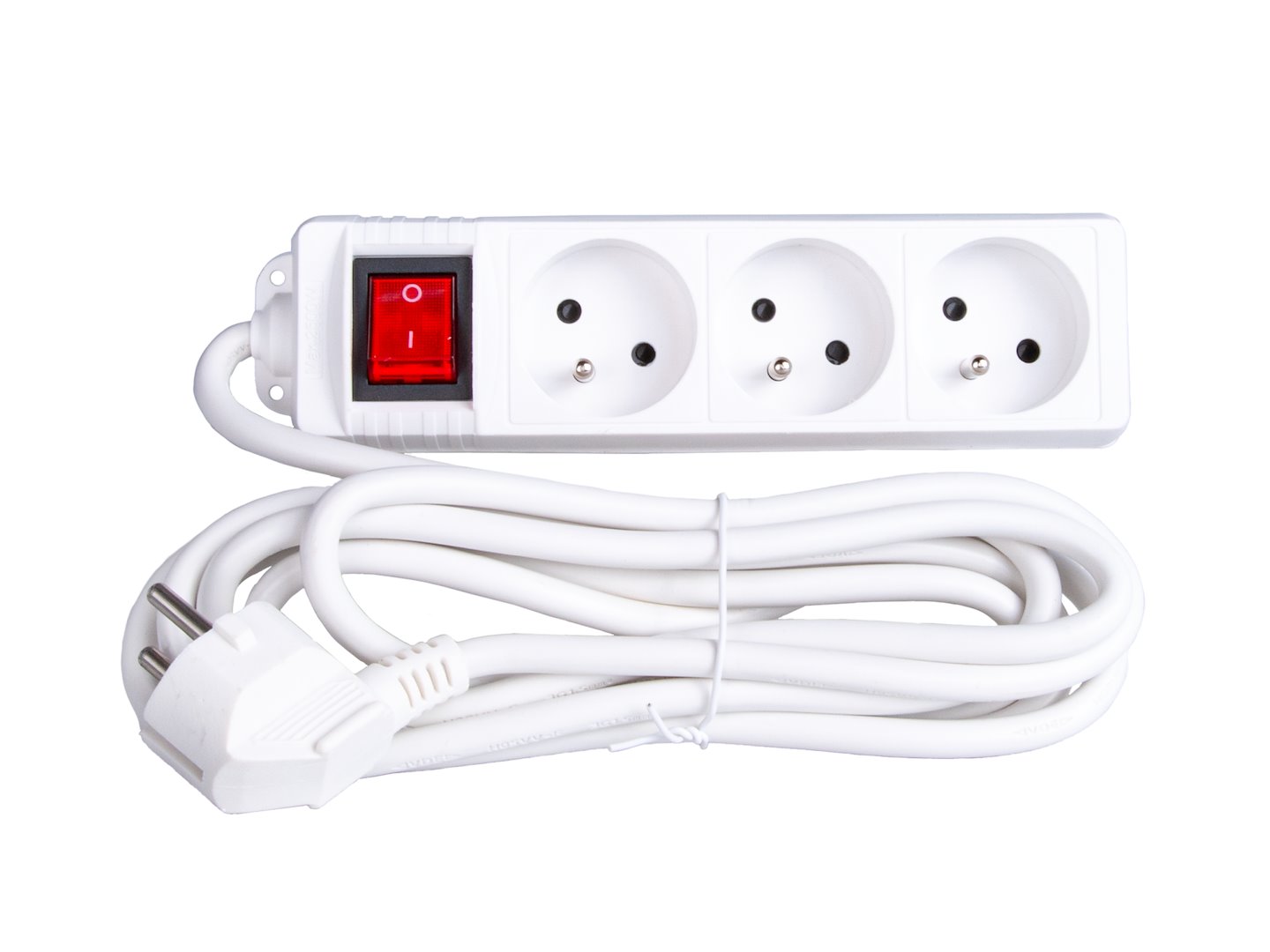 Biały przedłużacz elektryczny Keltin z 3 gniazdami pod kątem 45° i czerwonym włącznikiem, kabel 3 m