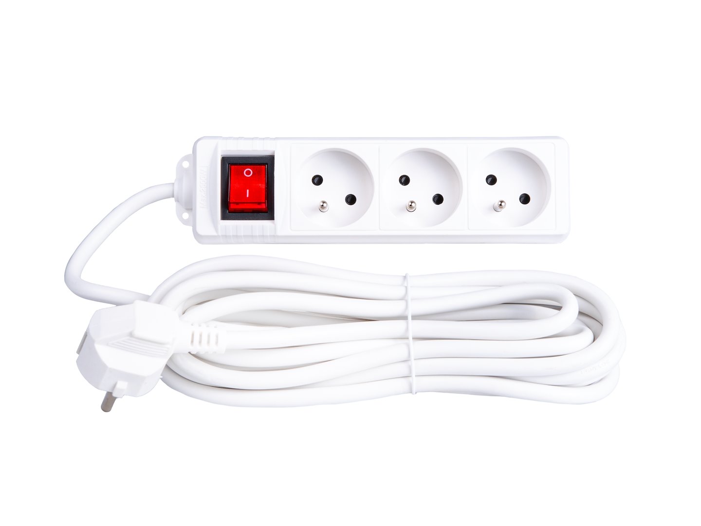Biały przedłużacz elektryczny 3 gniazda z uziemieniem i czerwonym włącznikiem, kabel 5 m
