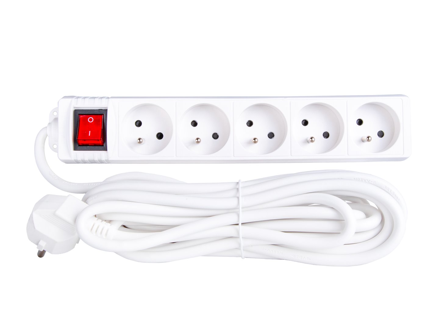 Biały przedłużacz elektryczny Keltin z 5 gniazdami pod kątem 45°, wyłącznikiem i 5-metrowym kablem