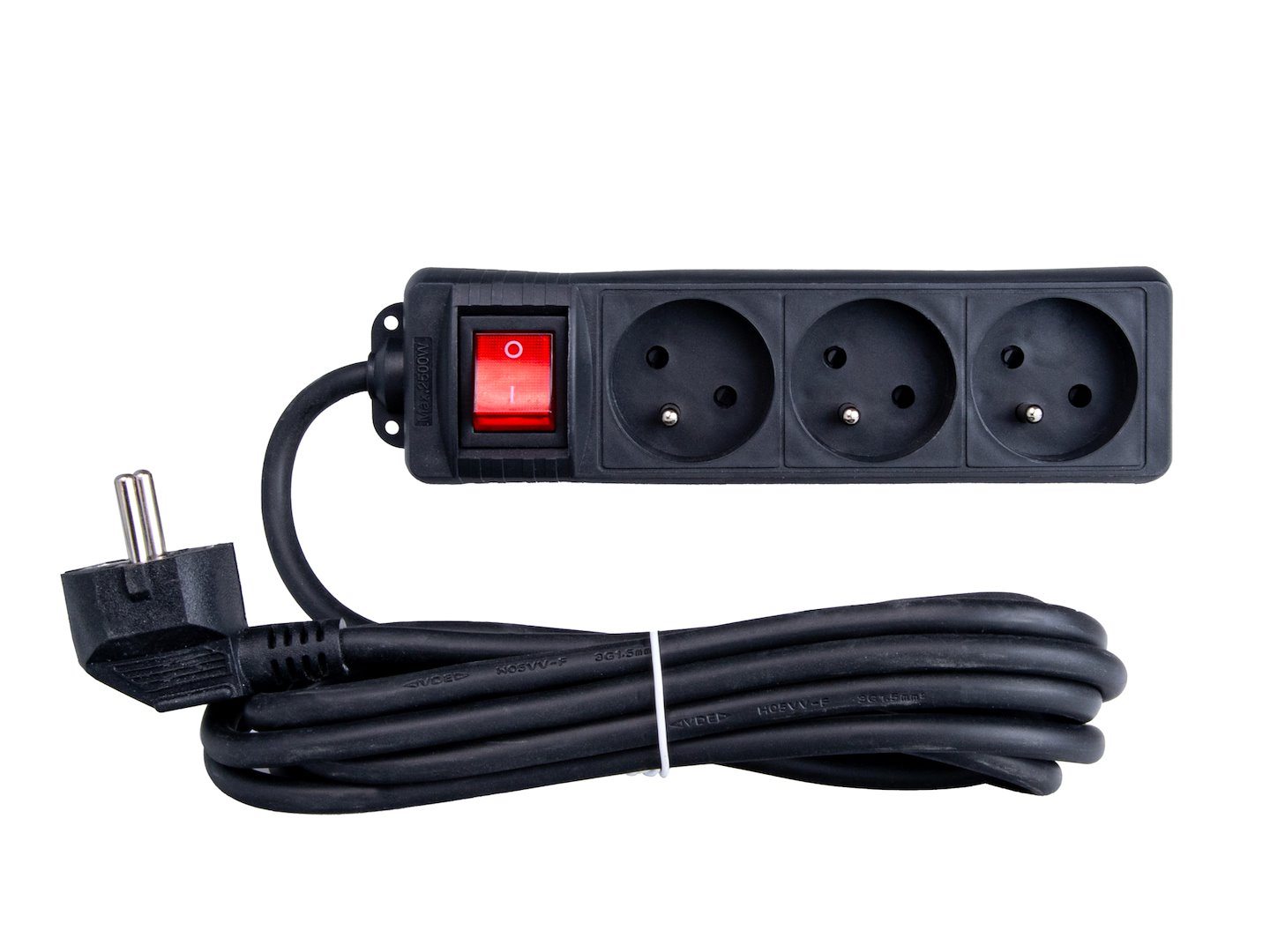 Czarny przedłużacz elektryczny 3 gniazda z uziemieniem, kąt 45°, 3m kabel, włącznik Keltin