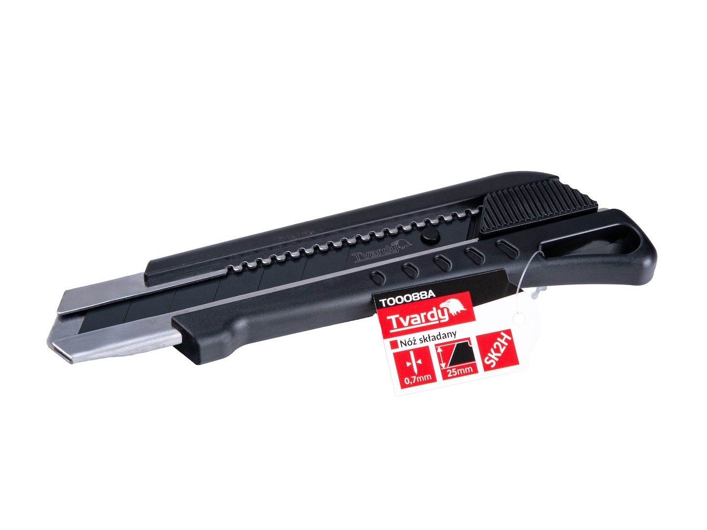Czarny nóż aluminiowy do tapet z ostrzem 125x25x0,7 mm i praktycznym schowkiem na zapasowe ostrza